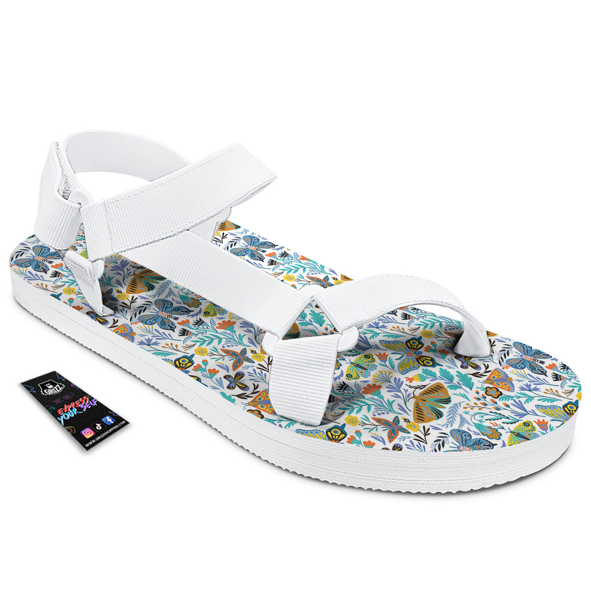 Flower Butterfly And Print Pattern White Open Toe Sandals-grizzshop