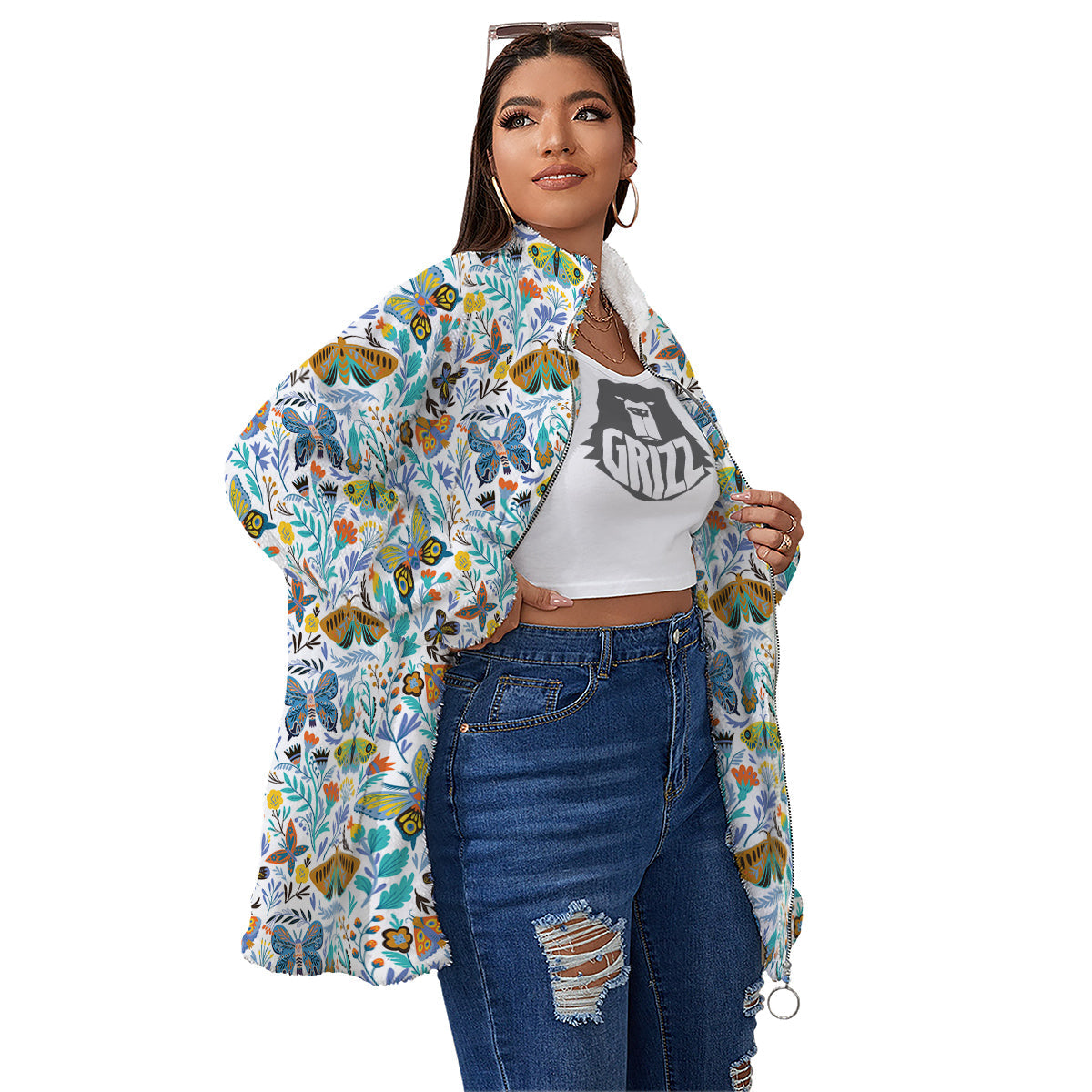 Flower Butterfly And Print Pattern Women's Sherpa Jacket-grizzshop