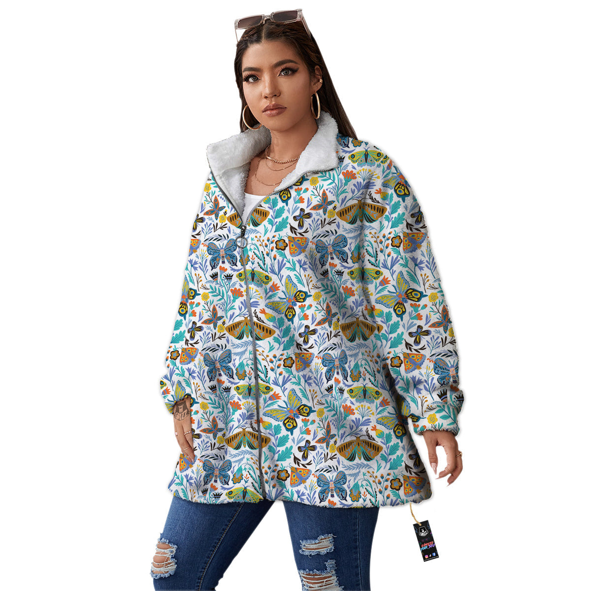 Flower Butterfly And Print Pattern Women's Sherpa Jacket-grizzshop