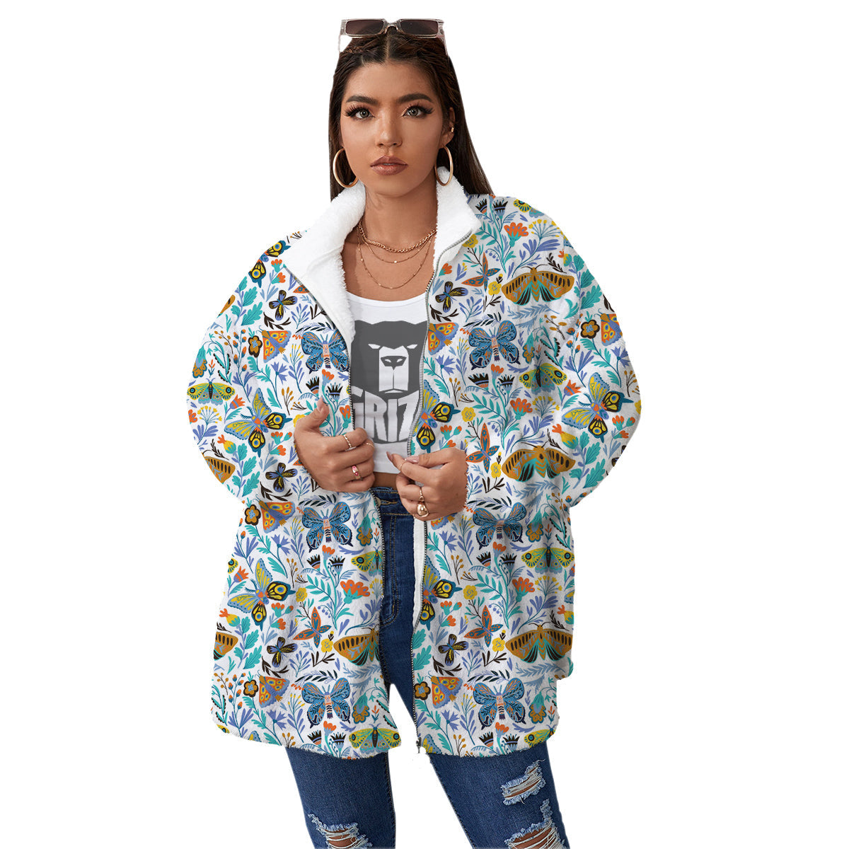 Flower Butterfly And Print Pattern Women's Sherpa Jacket-grizzshop