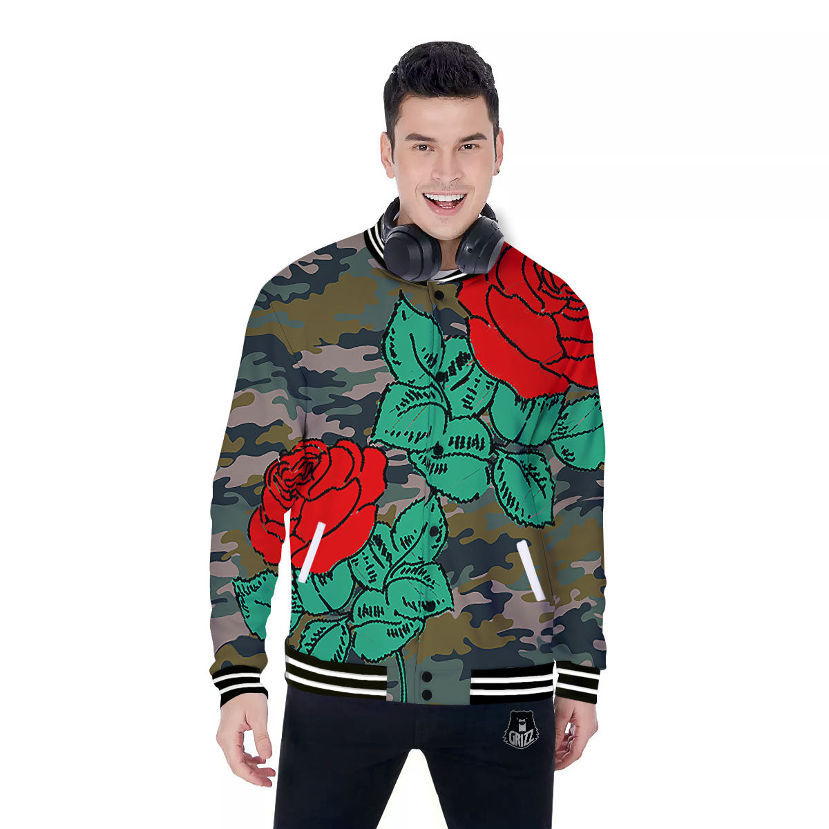 Flower Camouflage Red Rose Print Baseball Jacket-grizzshop