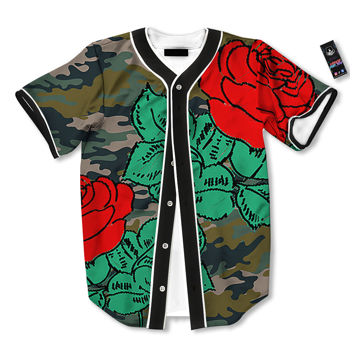 Flower Camouflage Red Rose Print Baseball Jersey-grizzshop