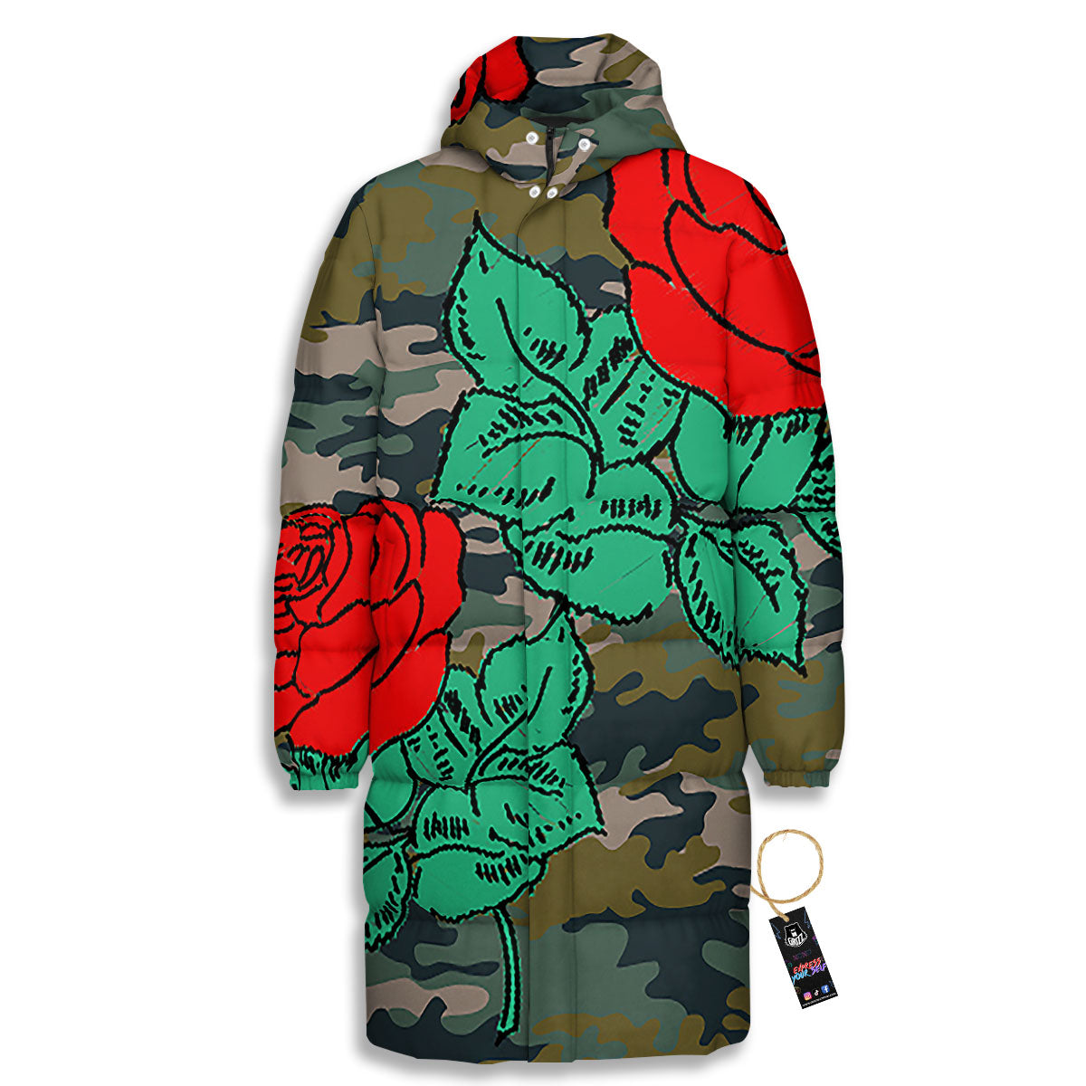 Flower Camouflage Red Rose Print Long Down Jacket-grizzshop