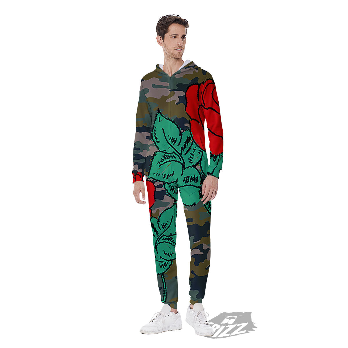 Flower Camouflage Red Rose Print Men's Jumpsuit-grizzshop
