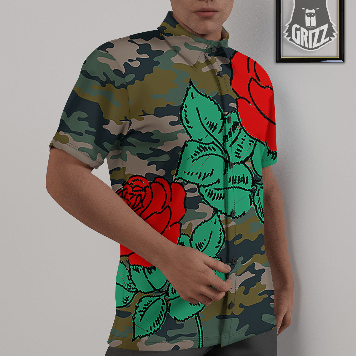 Flower Camouflage Red Rose Print Untucked Shirts-grizzshop