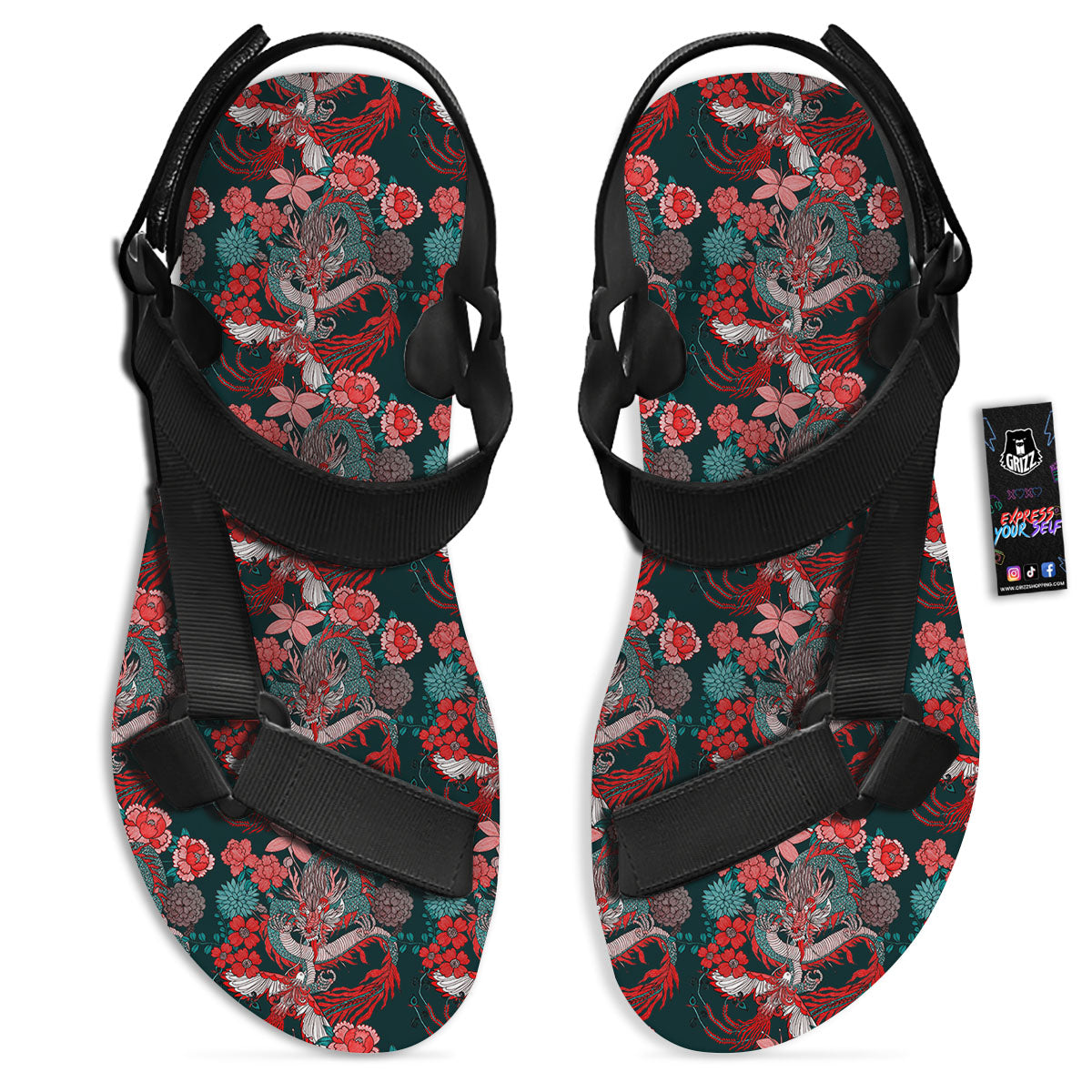 Flower Chinese Dragon Print Pattern Black Open Toe Sandals-grizzshop