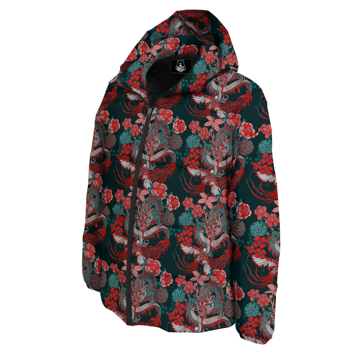 Flower Chinese Dragon Print Pattern Down Jacket-grizzshop