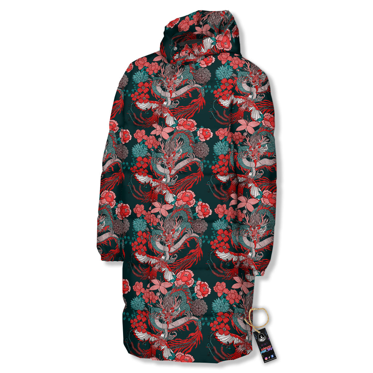 Flower Chinese Dragon Print Pattern Long Down Jacket-grizzshop