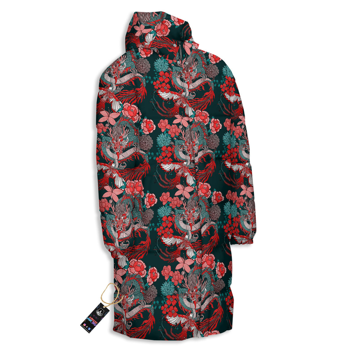 Flower Chinese Dragon Print Pattern Long Down Jacket-grizzshop