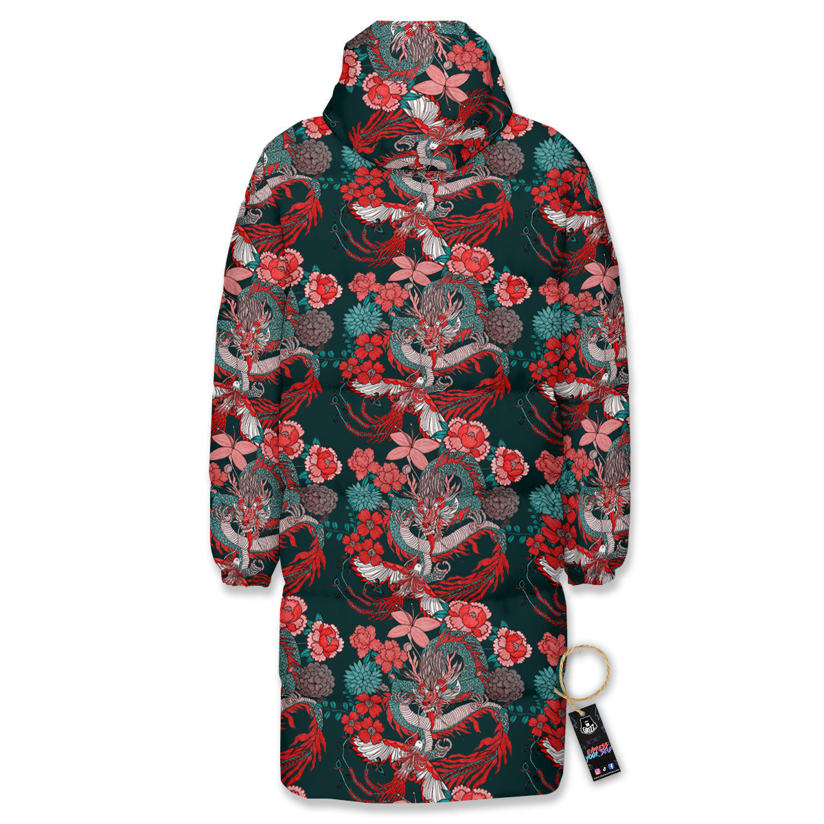 Flower Chinese Dragon Print Pattern Long Down Jacket-grizzshop