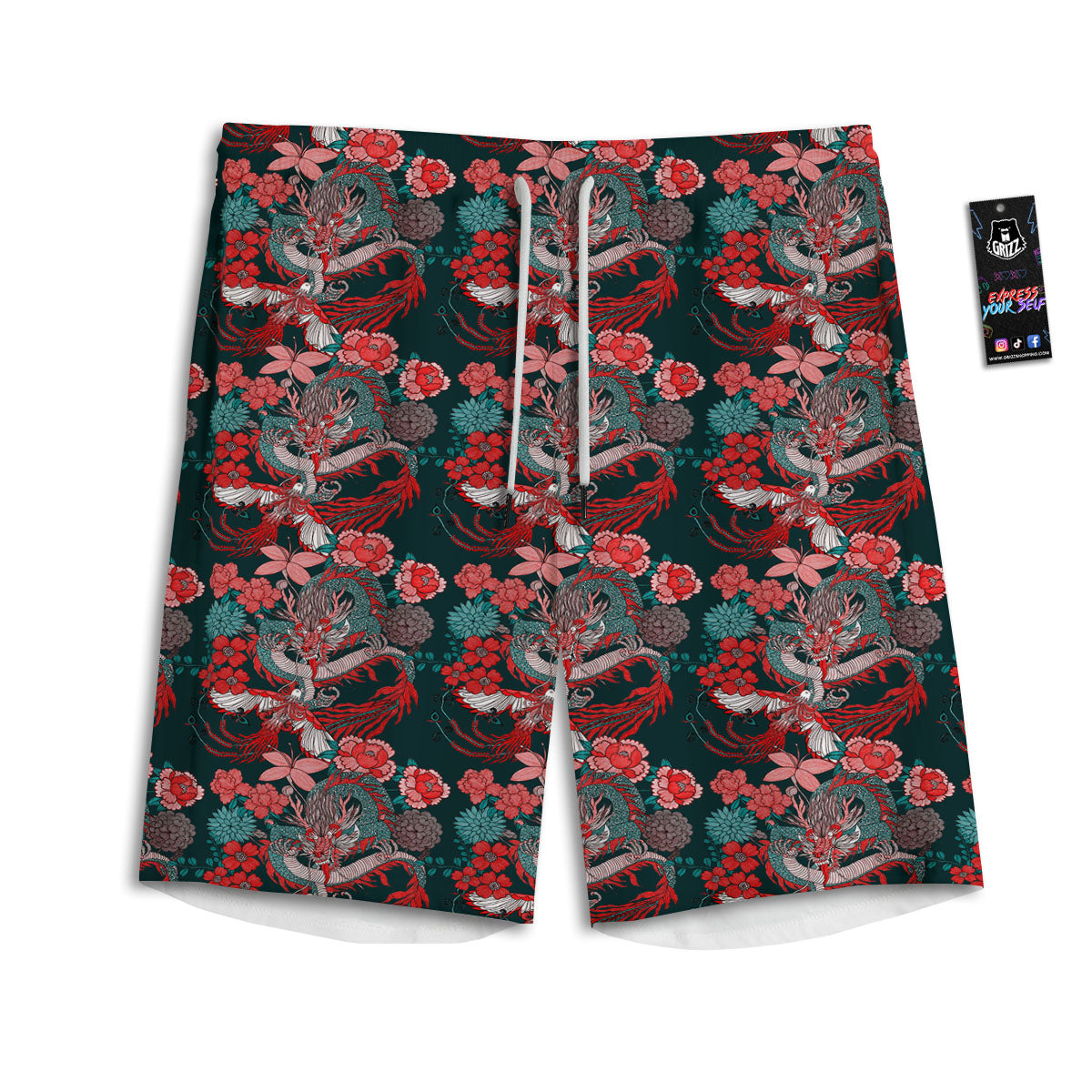 Flower Chinese Dragon Print Pattern Men's Athletic Shorts-grizzshop