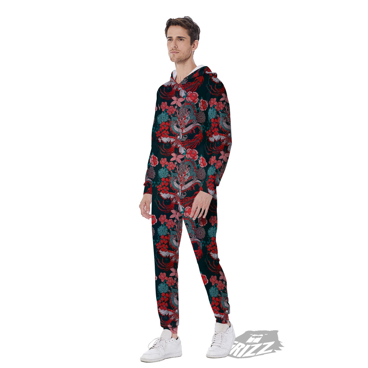 Flower Chinese Dragon Print Pattern Men's Jumpsuit-grizzshop