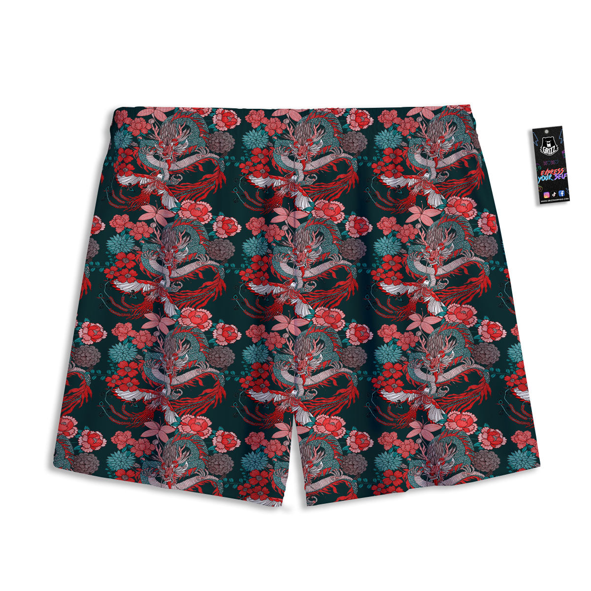 Flower Chinese Dragon Print Pattern Mesh Shorts-grizzshop