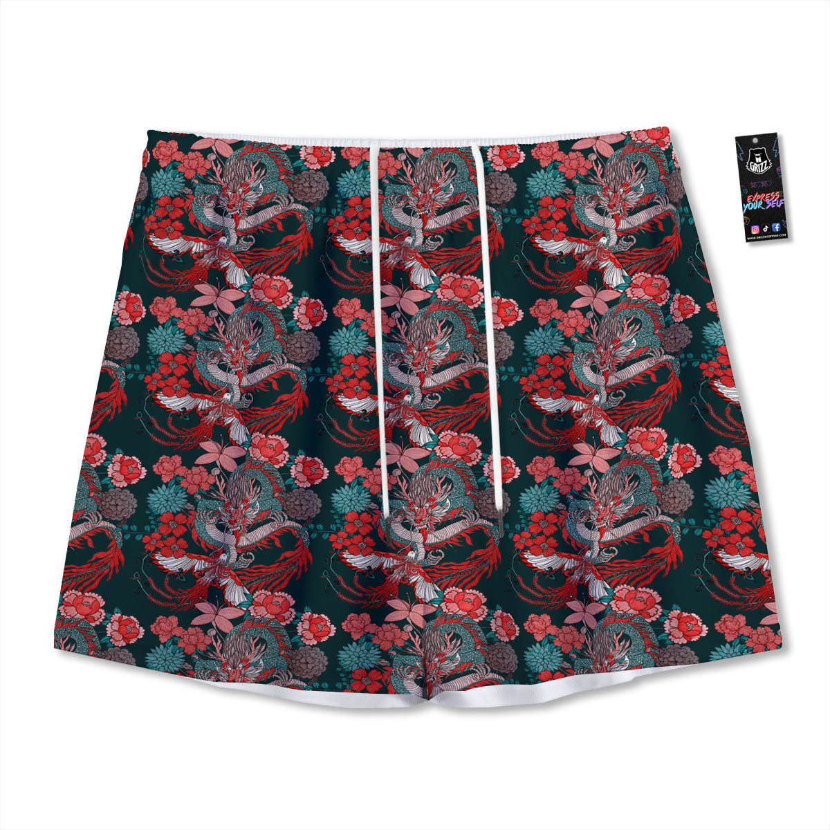 Flower Chinese Dragon Print Pattern Mesh Shorts-grizzshop