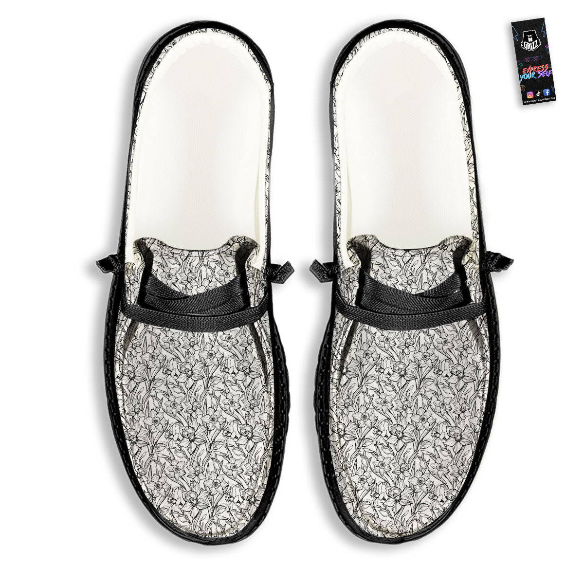 Flower Daffodil Drawing Print Pattern Black Loafers-grizzshop