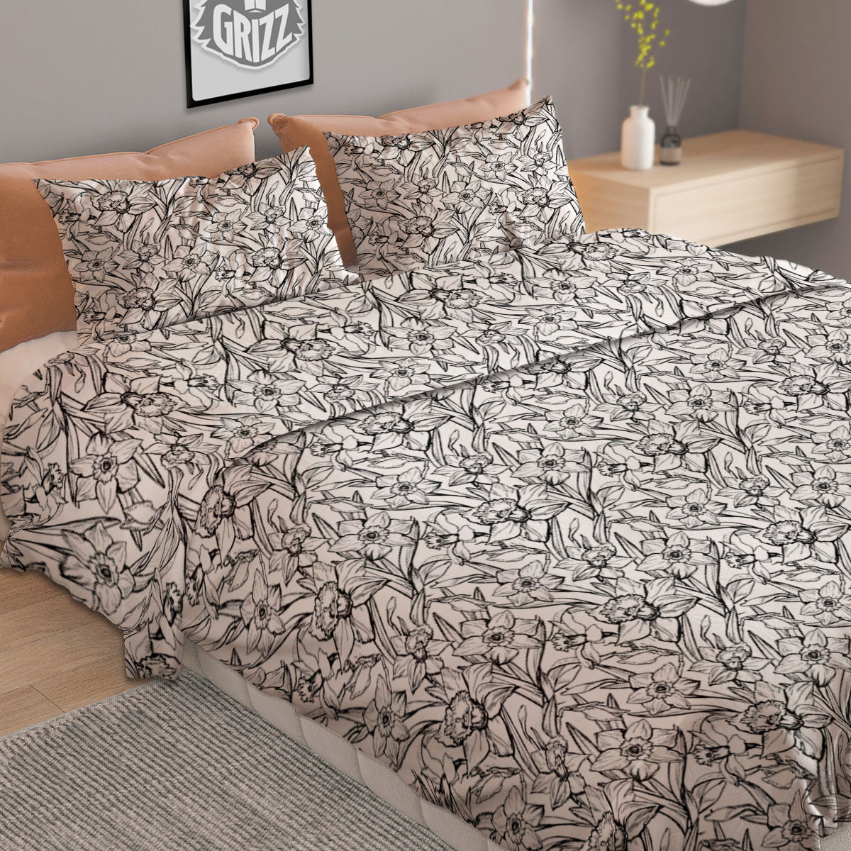 Flower Daffodil Drawing Print Pattern Duvet Cover Bedding Set