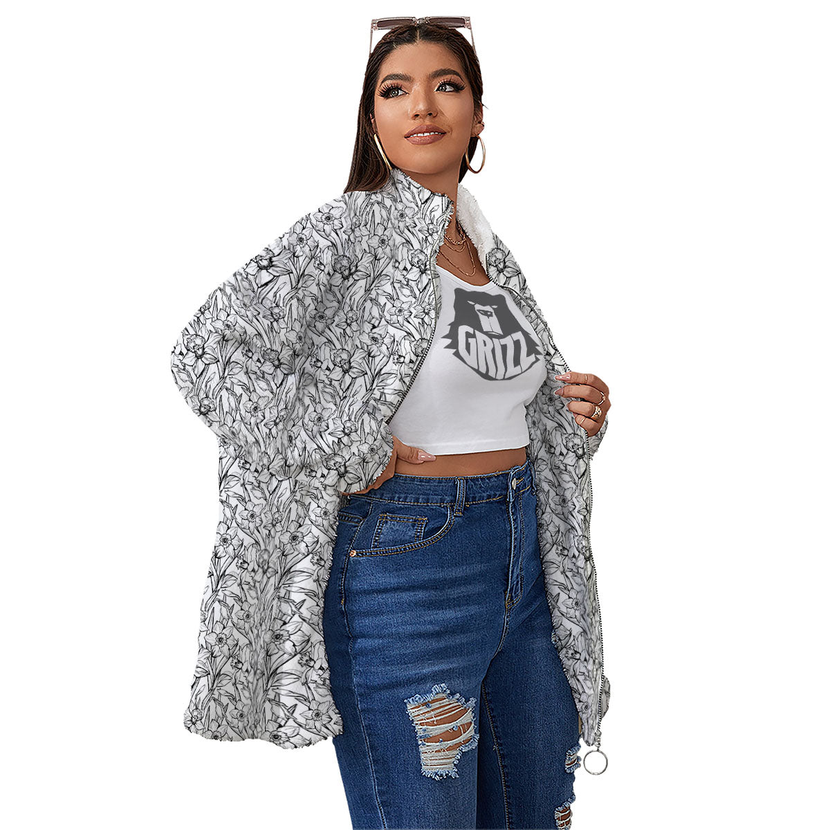 Flower Daffodil Drawing Print Pattern Women's Sherpa Jacket-grizzshop