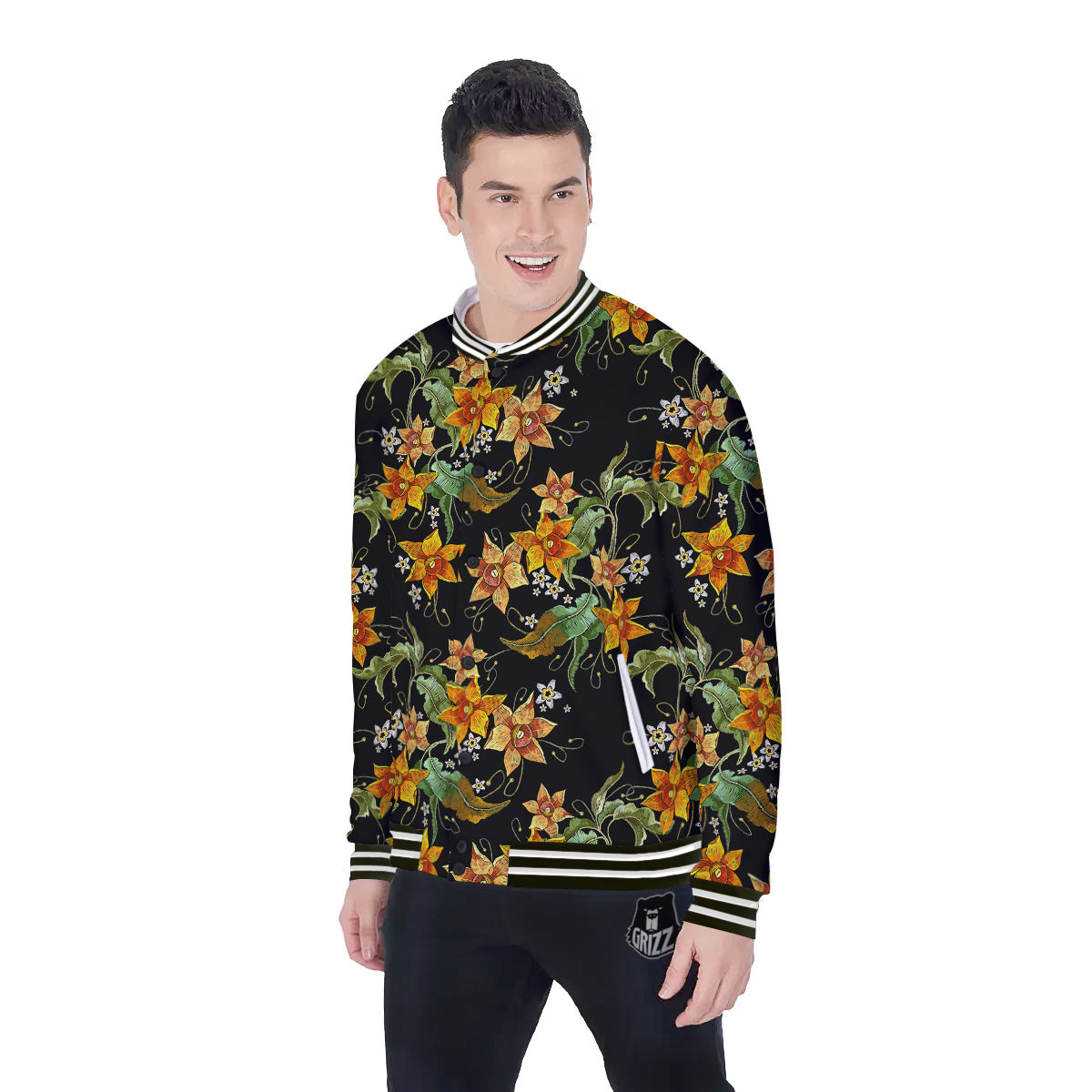 Flower Daffodil Vintage Print Pattern Baseball Jacket-grizzshop