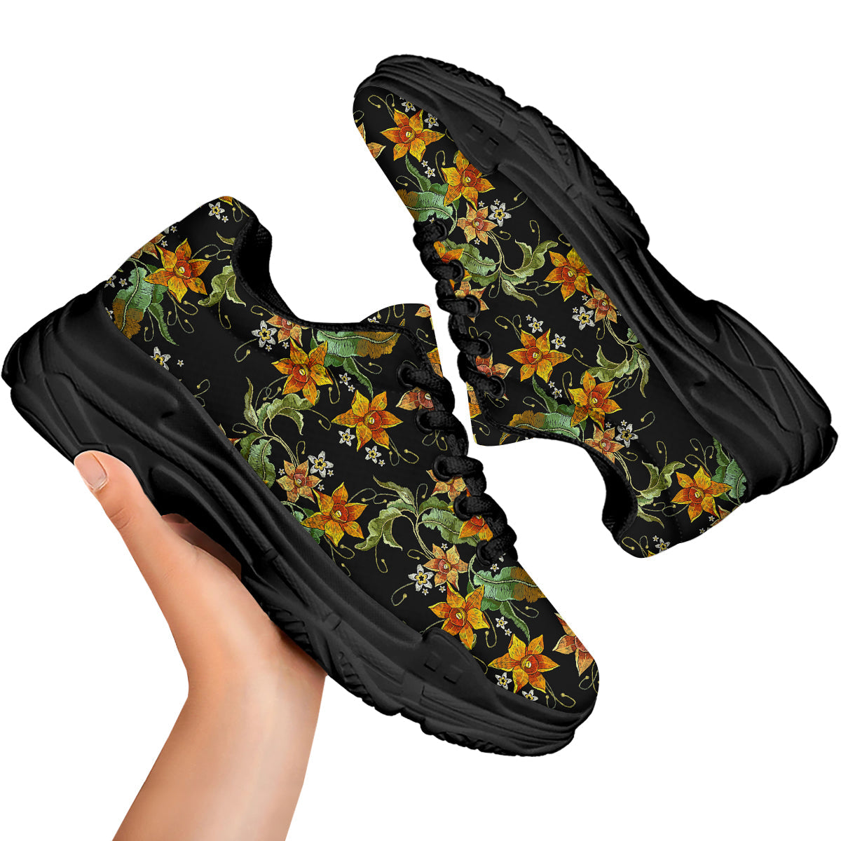 Flower Daffodil Vintage Print Pattern Black Chunky Shoes-grizzshop