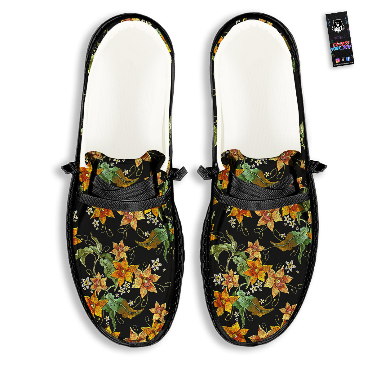 Flower Daffodil Vintage Print Pattern Black Loafers-grizzshop