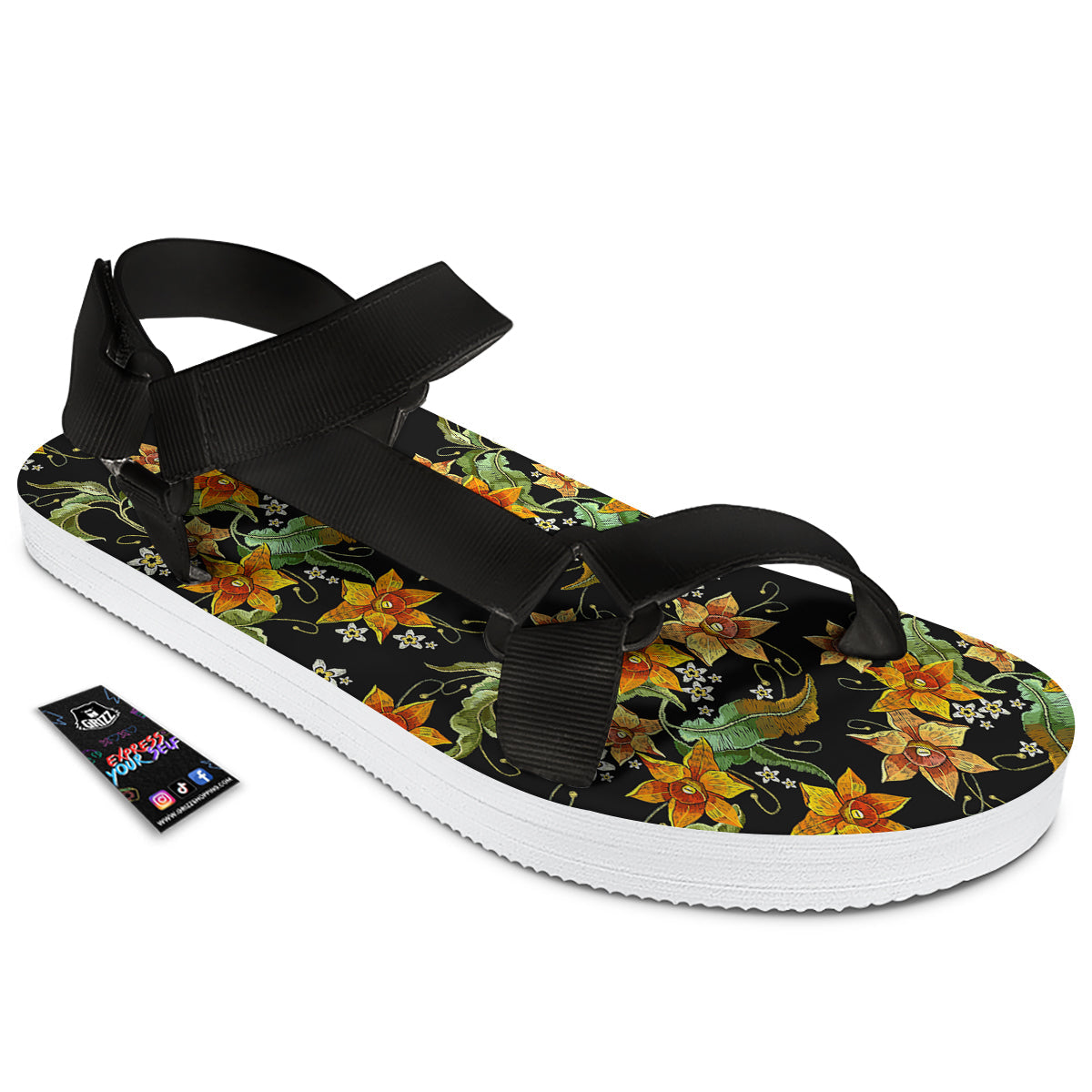Flower Daffodil Vintage Print Pattern Black Open Toe Sandals-grizzshop