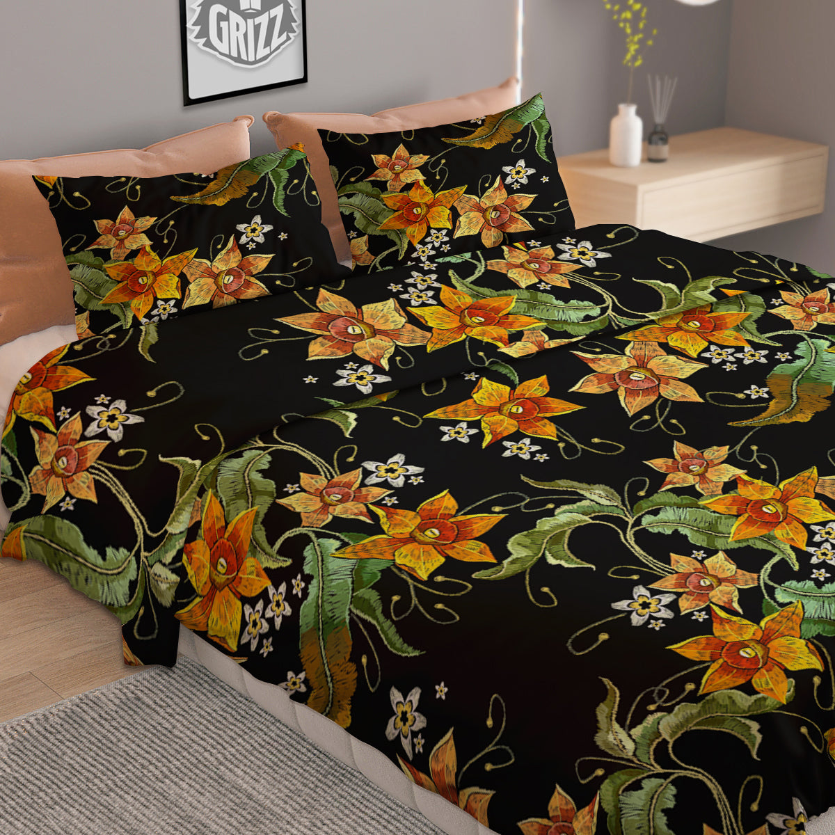 Flower Daffodil Vintage Print Pattern Duvet Cover Bedding Set-grizzshop