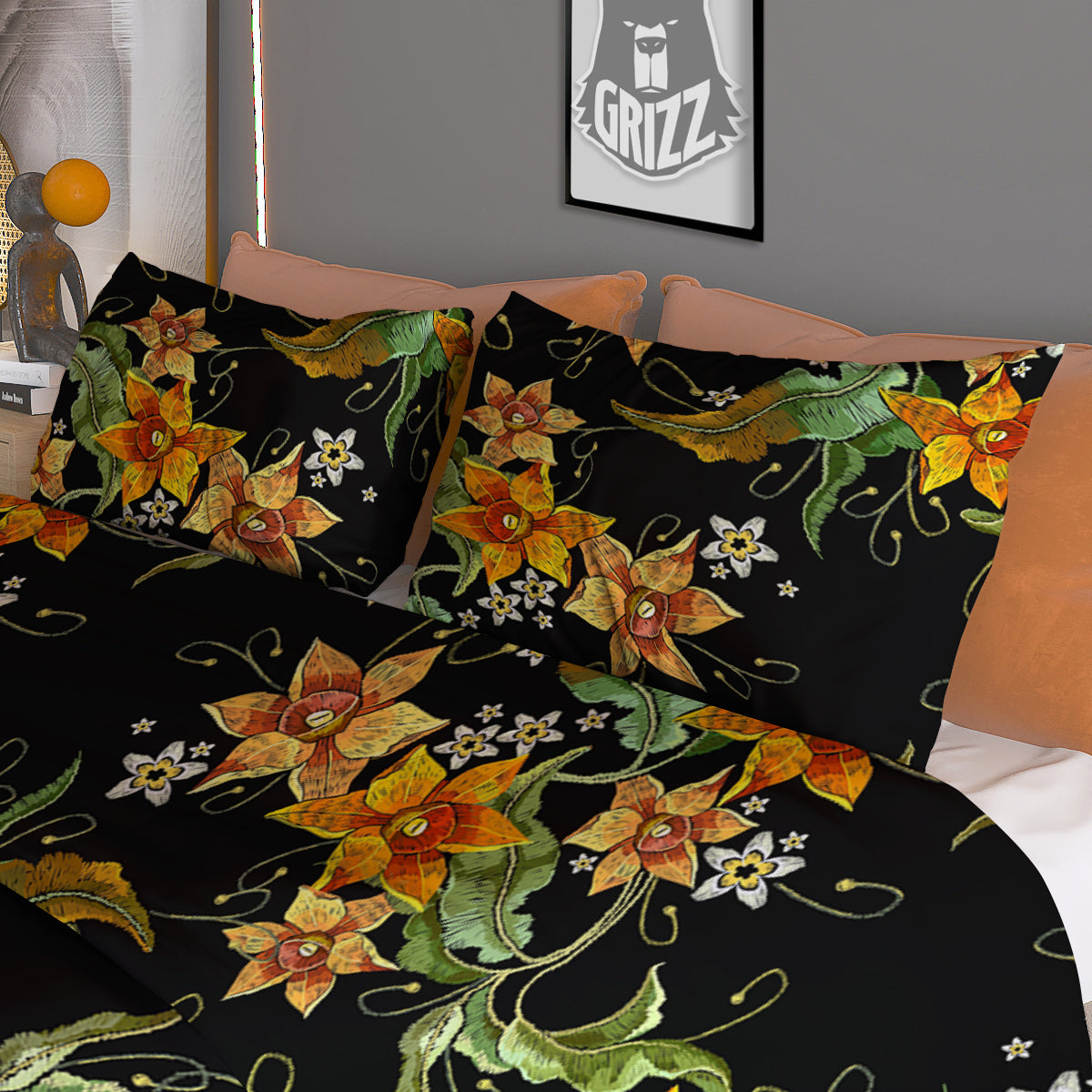 Flower Daffodil Vintage Print Pattern Duvet Cover Bedding Set-grizzshop