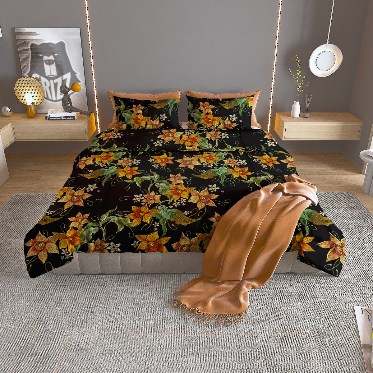 Flower Daffodil Vintage Print Pattern Duvet Cover Bedding Set-grizzshop