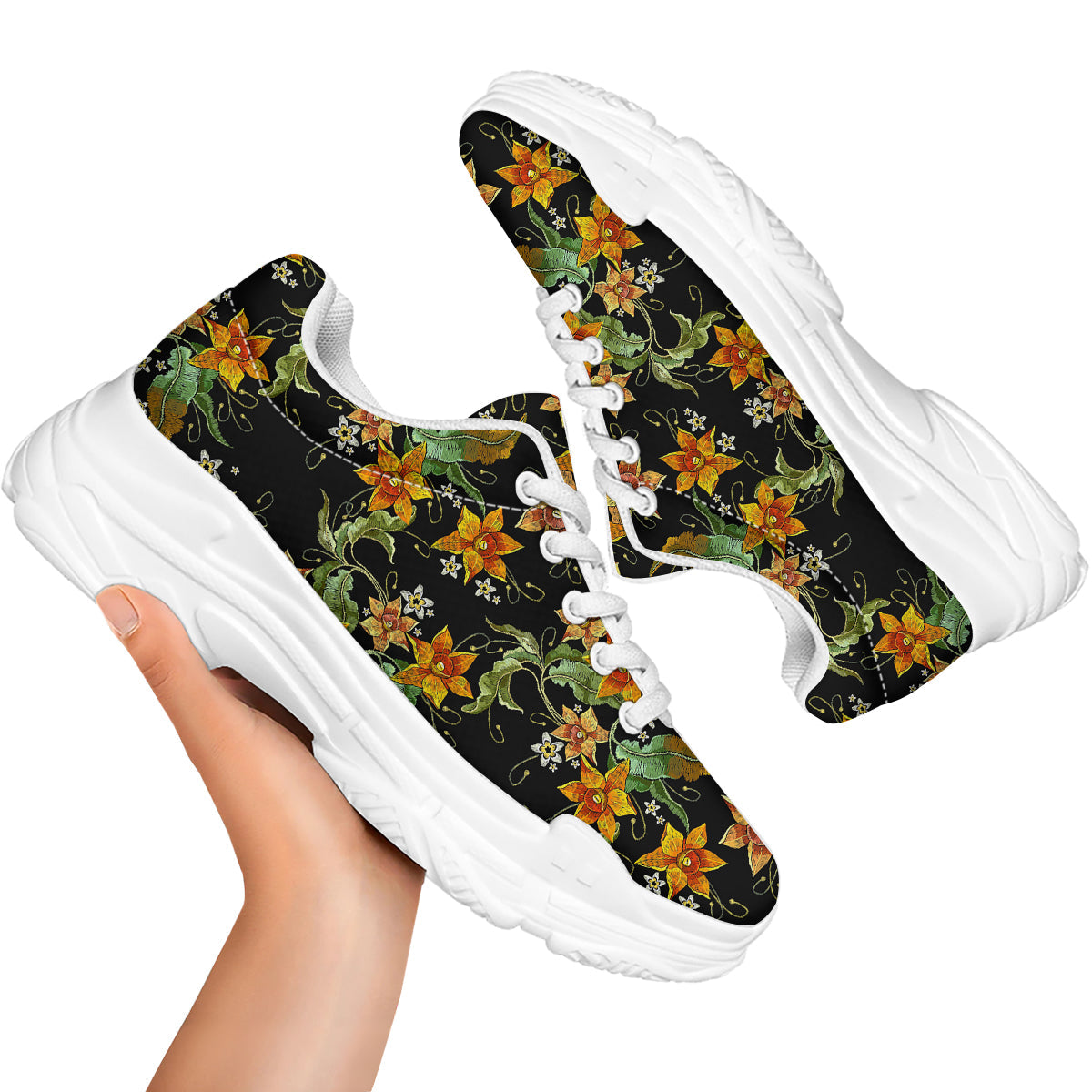 Flower Daffodil Vintage Print Pattern White Chunky Shoes-grizzshop