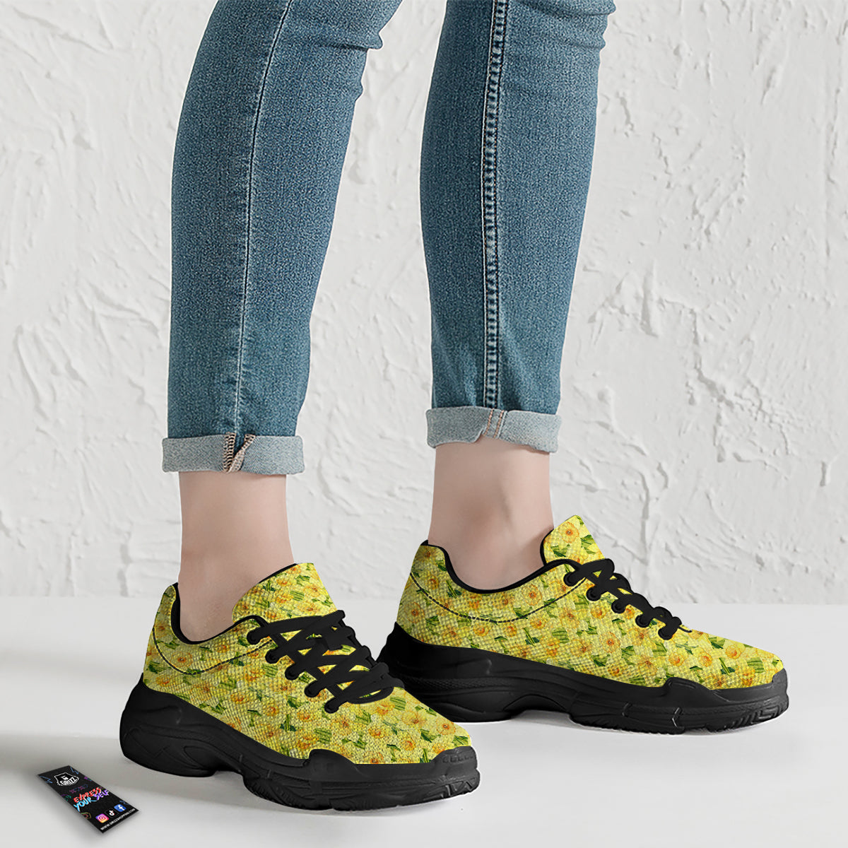 Flower Daffodil Watercolor Print Pattern Black Chunky Shoes-grizzshop