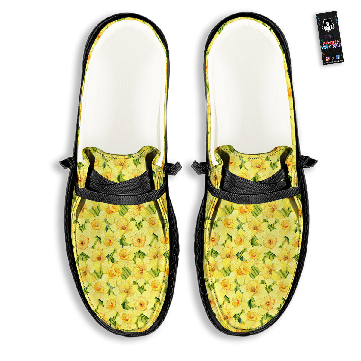 Flower Daffodil Watercolor Print Pattern Black Loafers-grizzshop