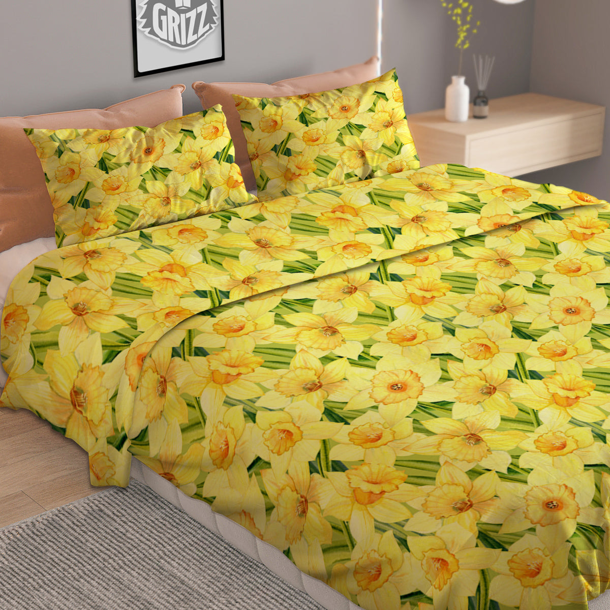 Flower Daffodil Watercolor Print Pattern Duvet Cover Bedding Set-grizzshop
