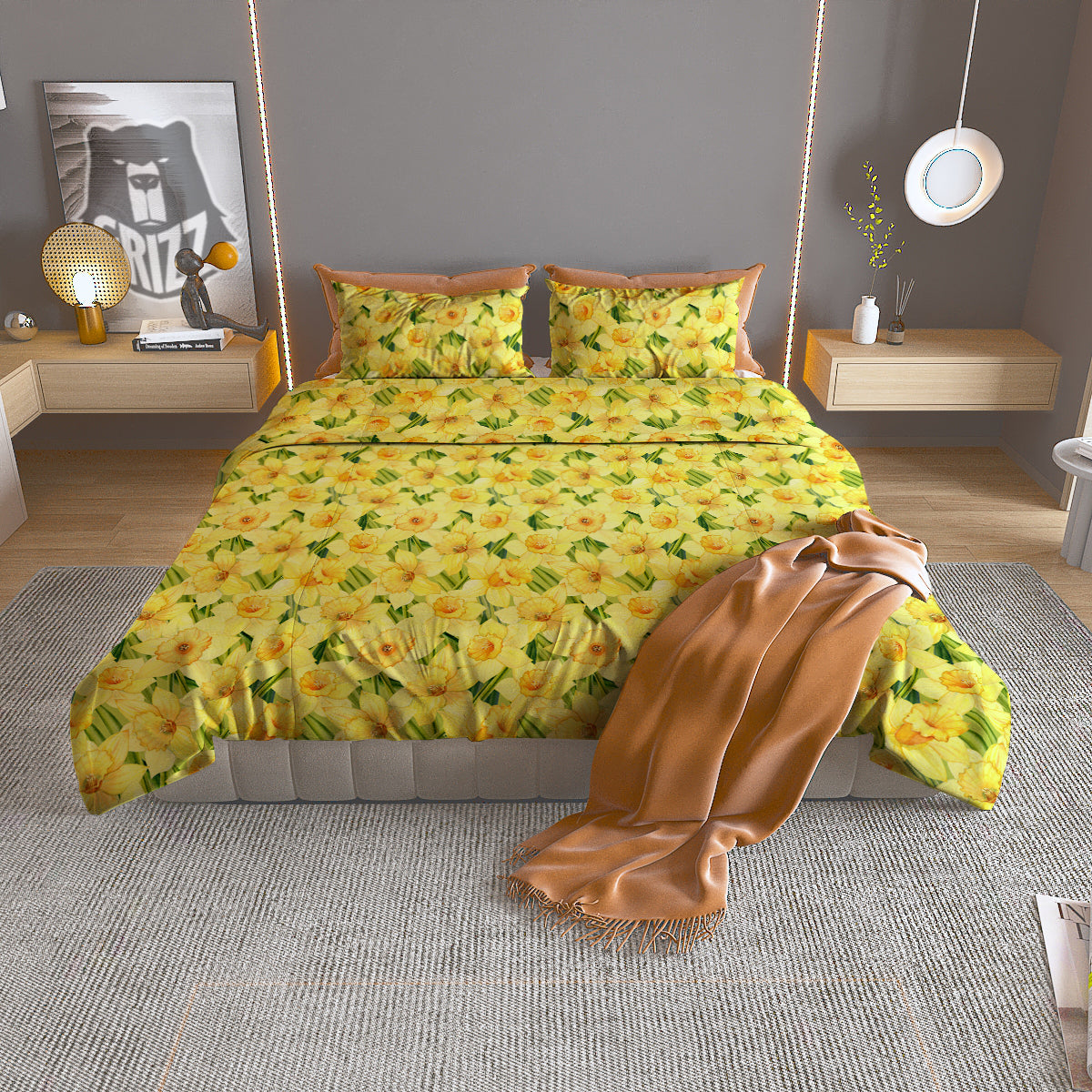 Flower Daffodil Watercolor Print Pattern Duvet Cover Bedding Set-grizzshop