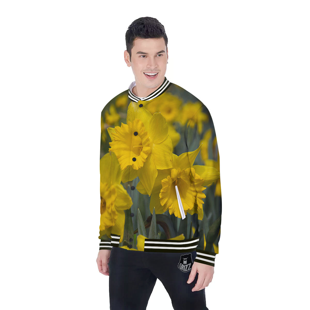 Flower Daffodil Yellow Print Baseball Jacket-grizzshop