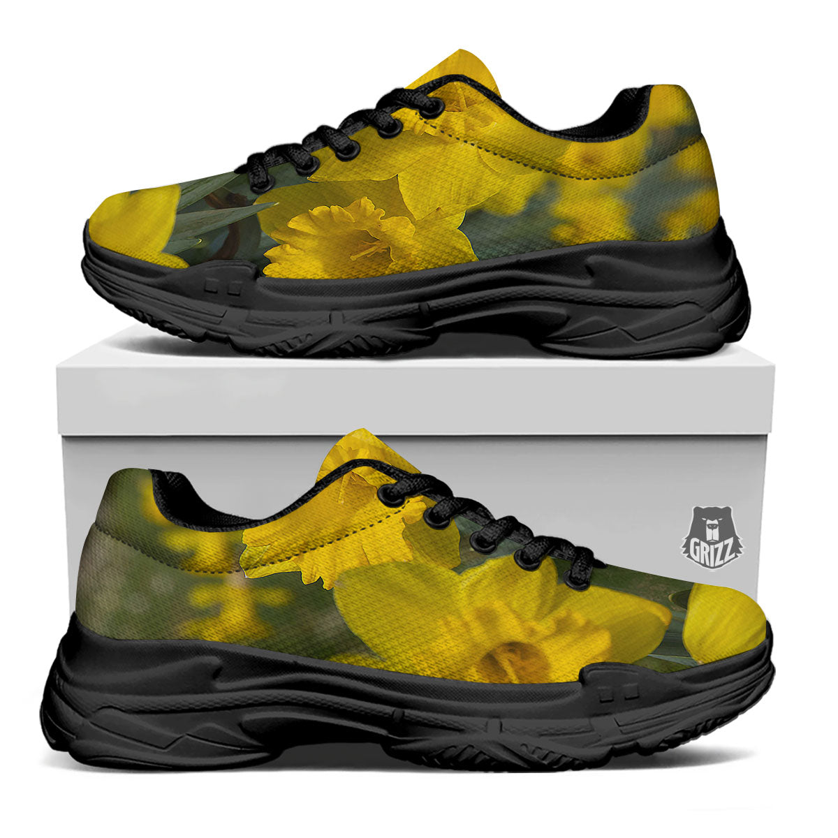 Flower Daffodil Yellow Print Black Chunky Shoes-grizzshop