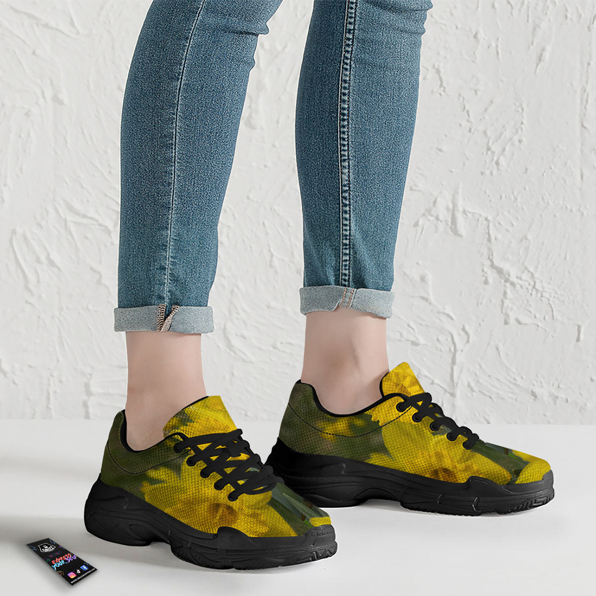 Flower Daffodil Yellow Print Black Chunky Shoes-grizzshop