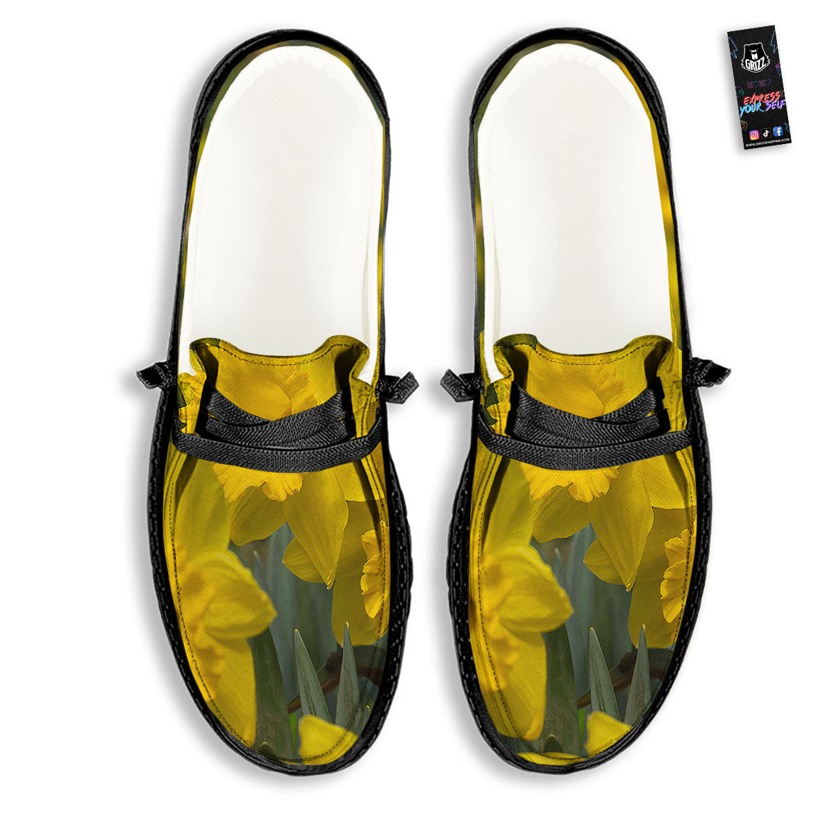 Flower Daffodil Yellow Print Black Loafers-grizzshop