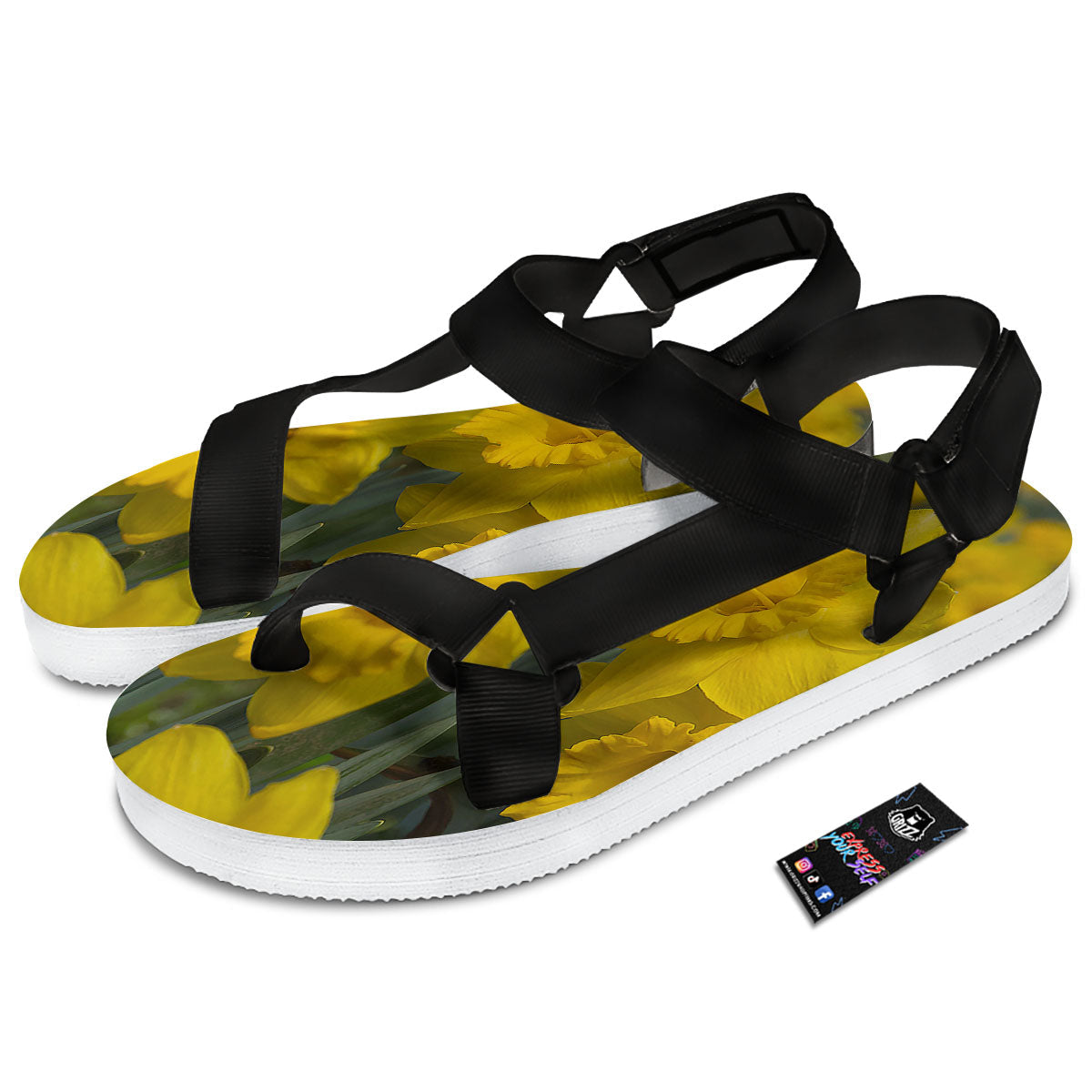 Flower Daffodil Yellow Print Black Open Toe Sandals-grizzshop