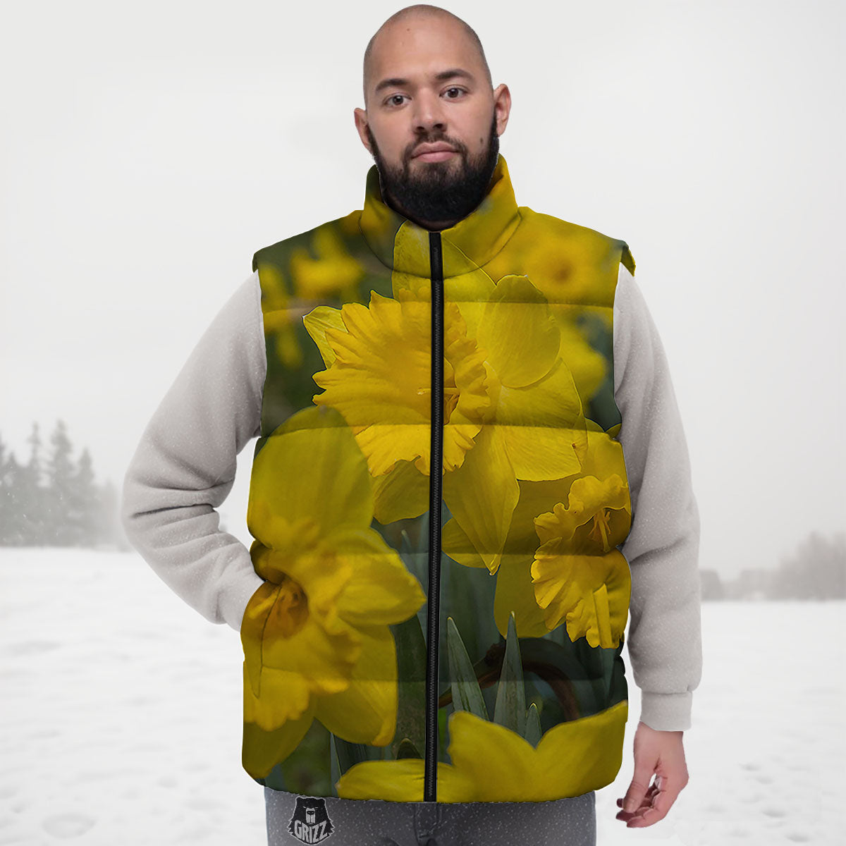 Flower Daffodil Yellow Print Down Vest-grizzshop