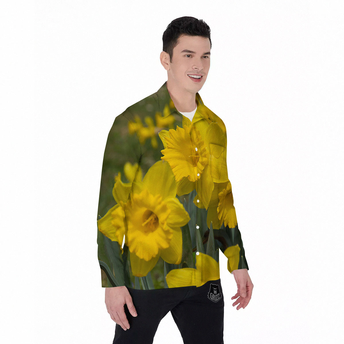 Flower Daffodil Yellow Print Men's Long Sleeve Shirts-grizzshop