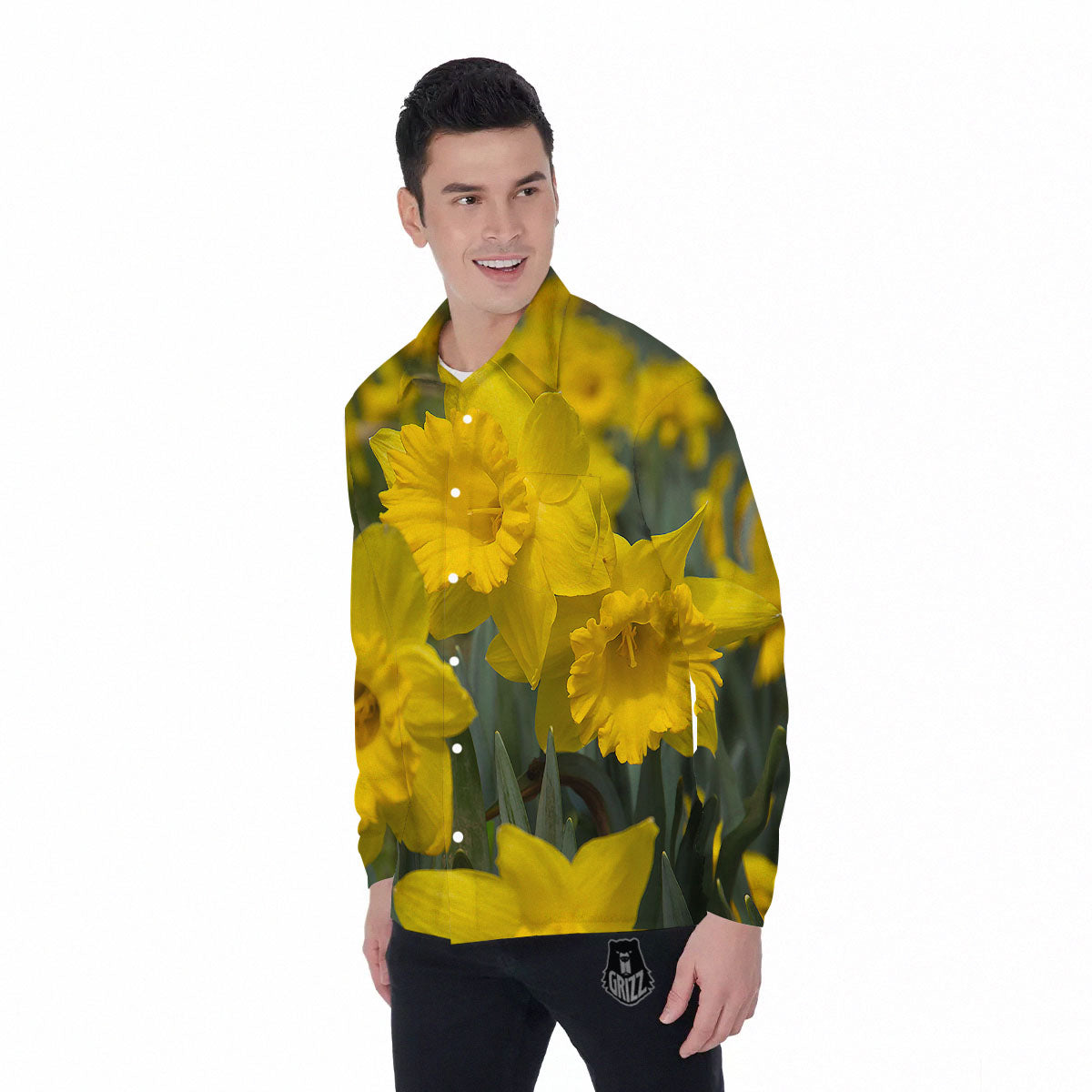 Flower Daffodil Yellow Print Men's Long Sleeve Shirts-grizzshop