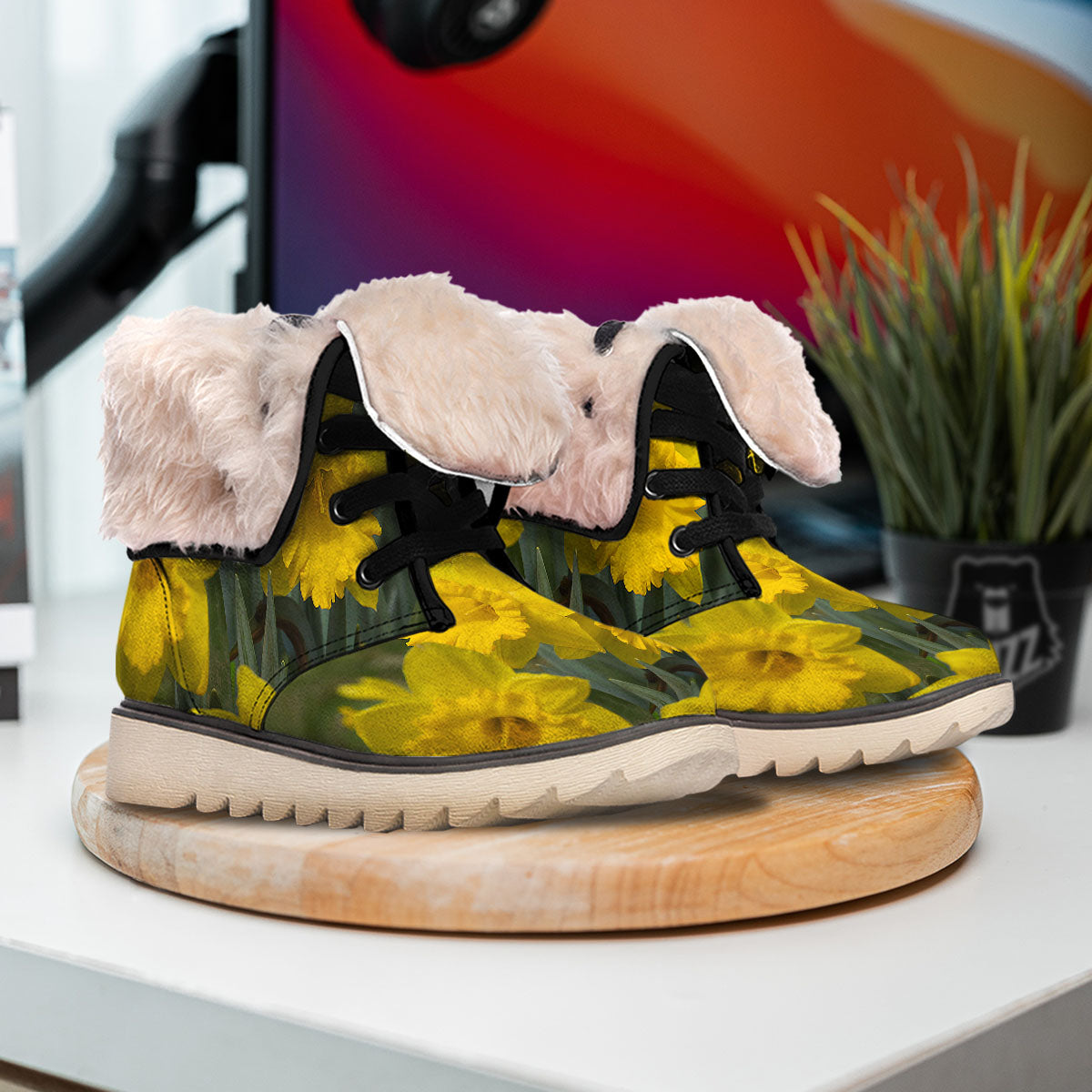 Flower Daffodil Yellow Print Snow Boots-grizzshop