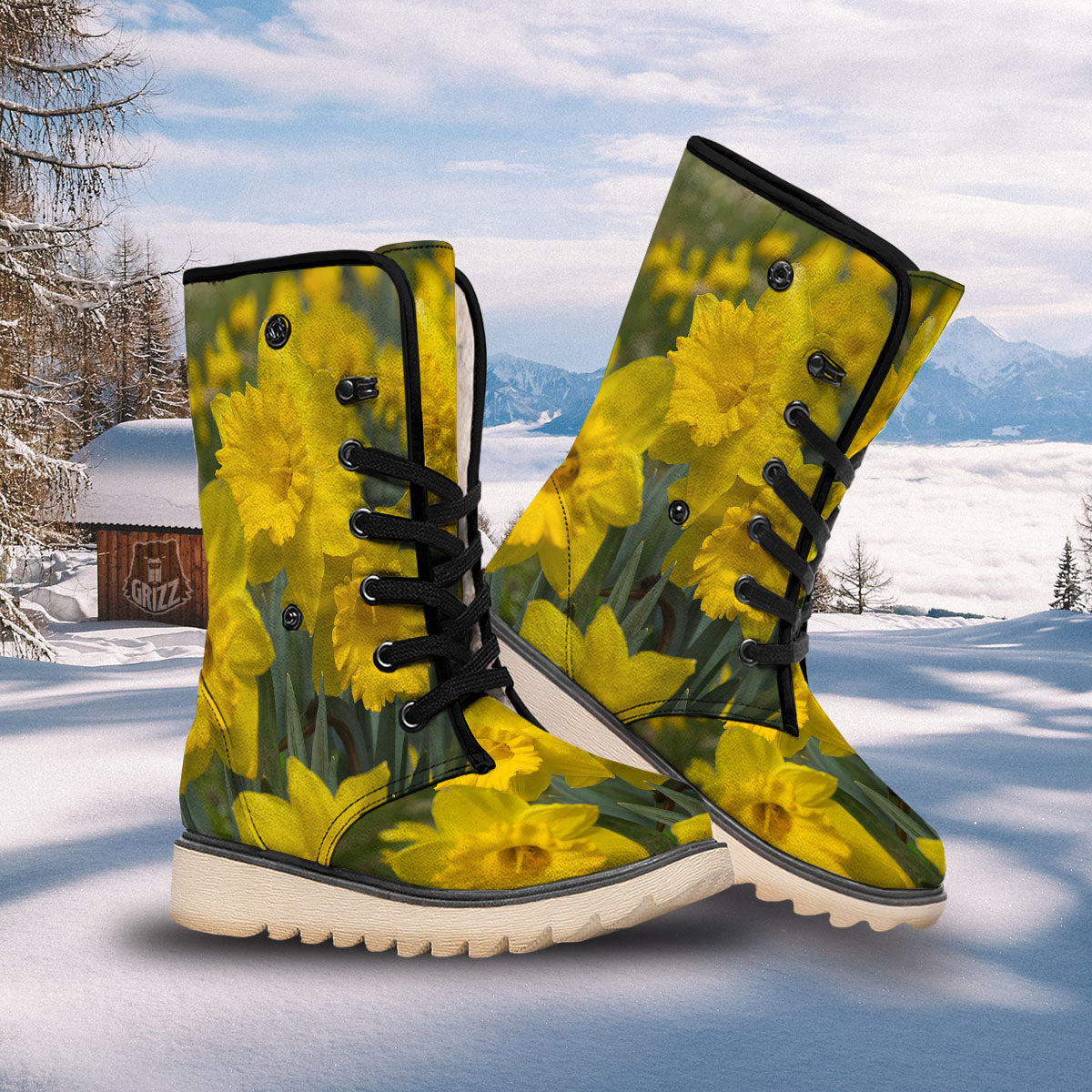 Flower Daffodil Yellow Print Snow Boots-grizzshop