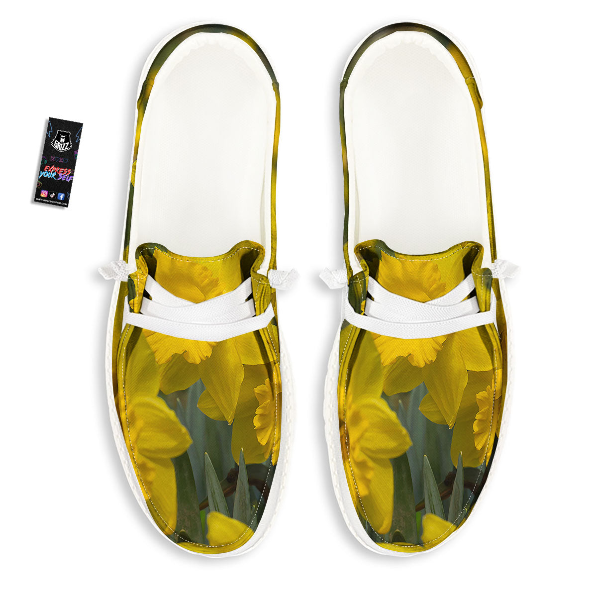 Flower Daffodil Yellow Print White Loafers-grizzshop