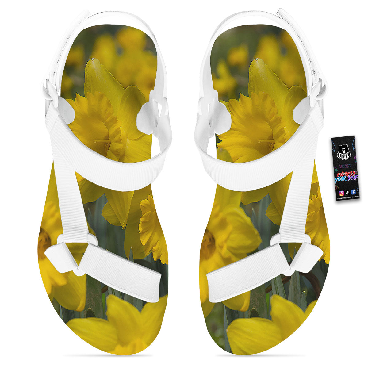 Flower Daffodil Yellow Print White Open Toe Sandals-grizzshop