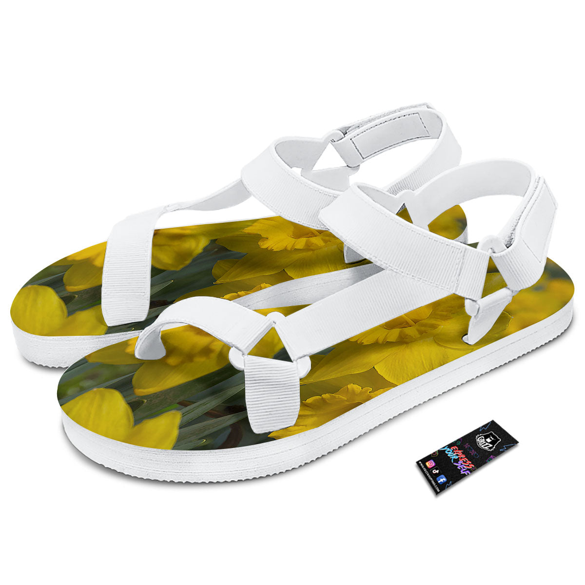 Flower Daffodil Yellow Print White Open Toe Sandals-grizzshop
