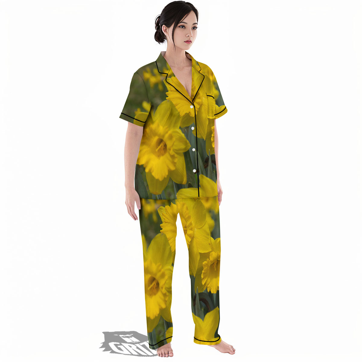 Flower Daffodil Yellow Print Women's Pajamas Set-grizzshop