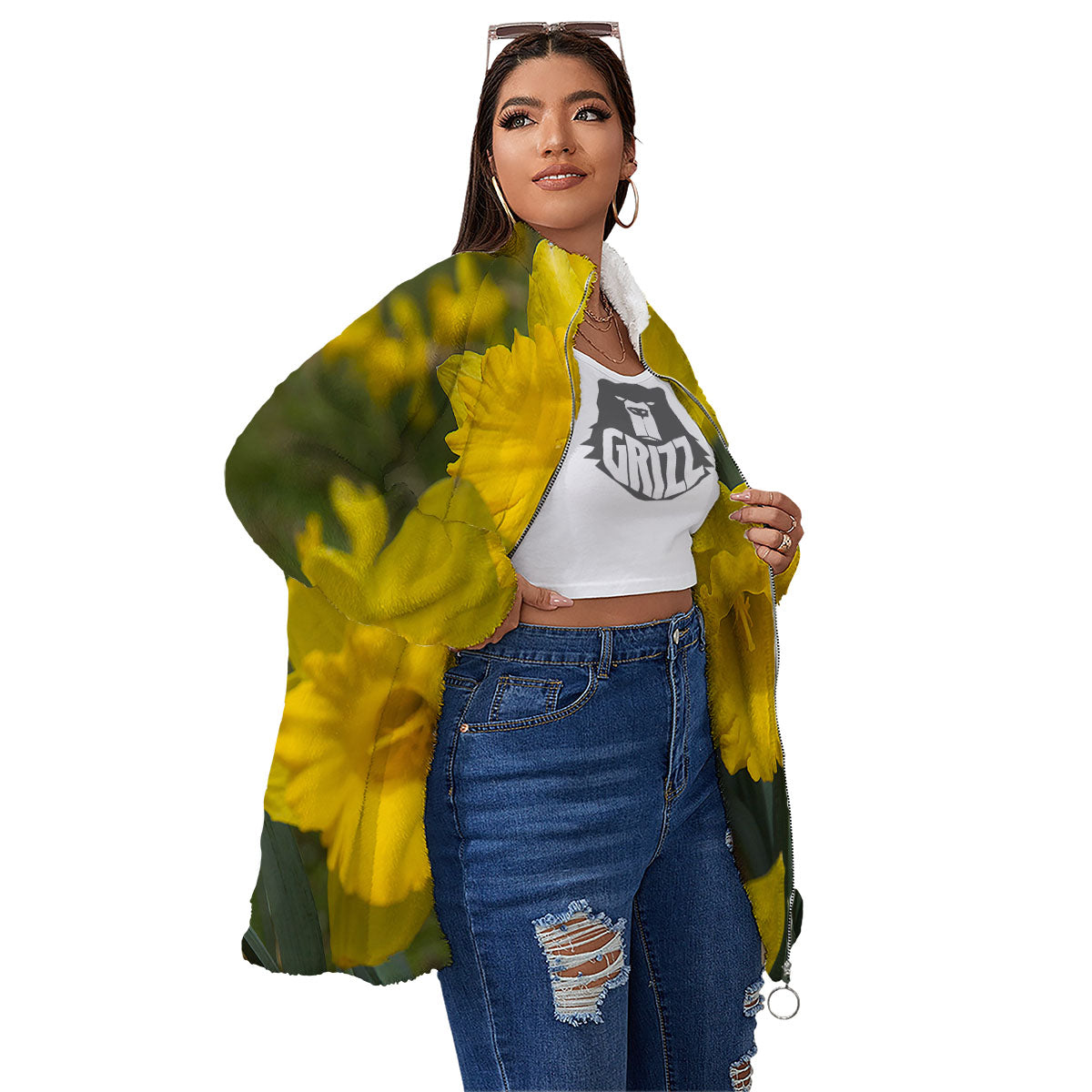 Flower Daffodil Yellow Print Women's Sherpa Jacket-grizzshop