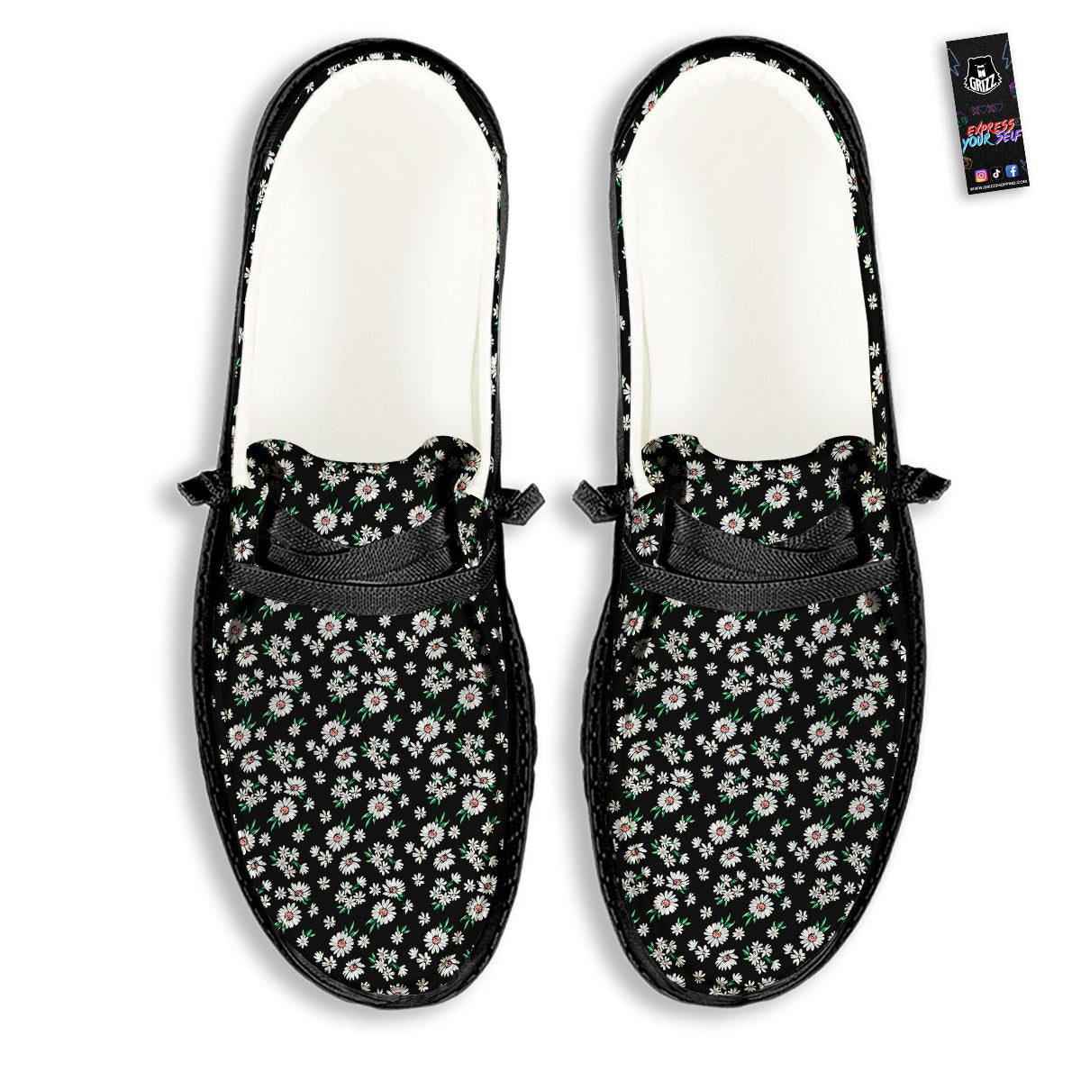 Flower Daisy Print Pattern Black Loafers-grizzshop