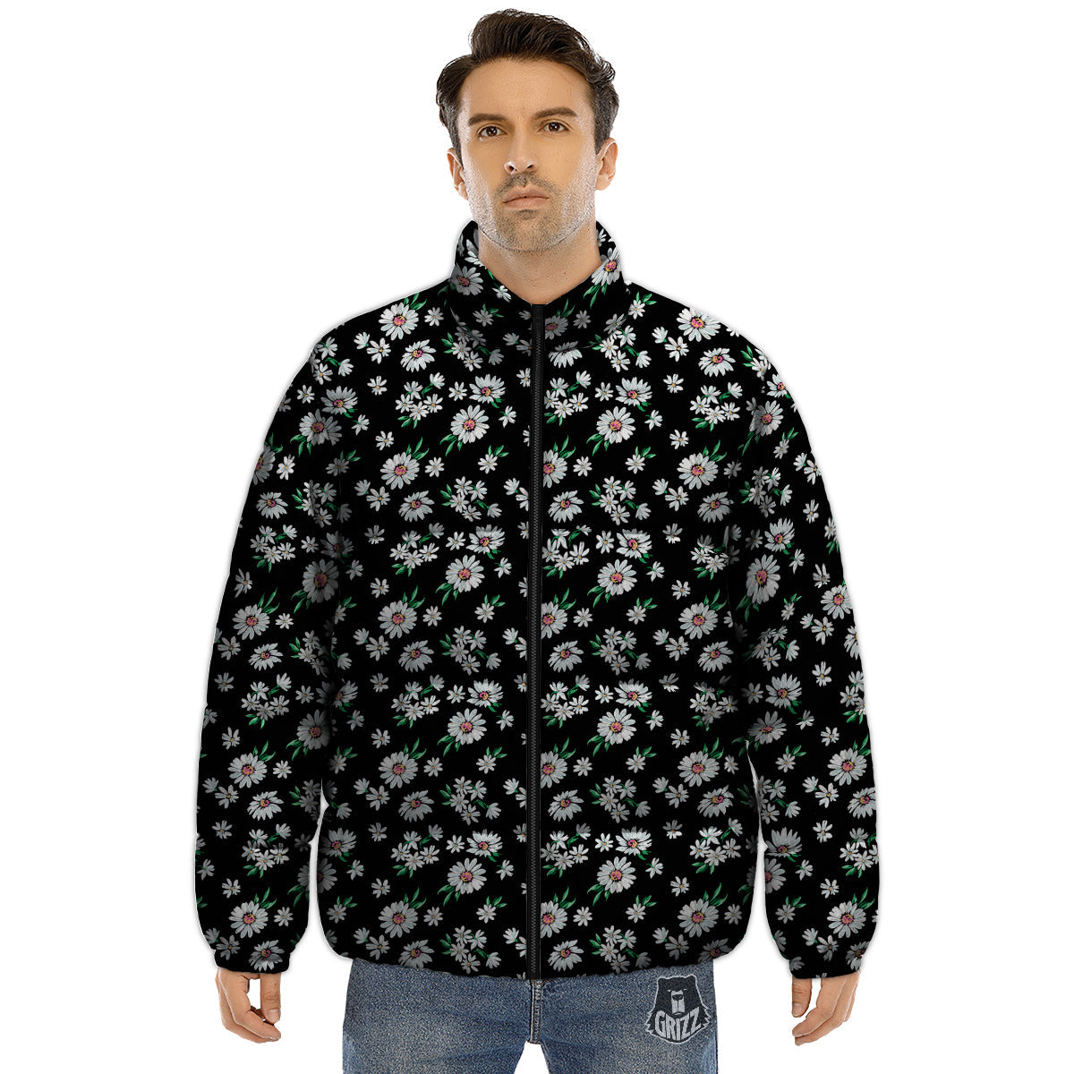 Flower Daisy Print Pattern Puffer Jacket-grizzshop